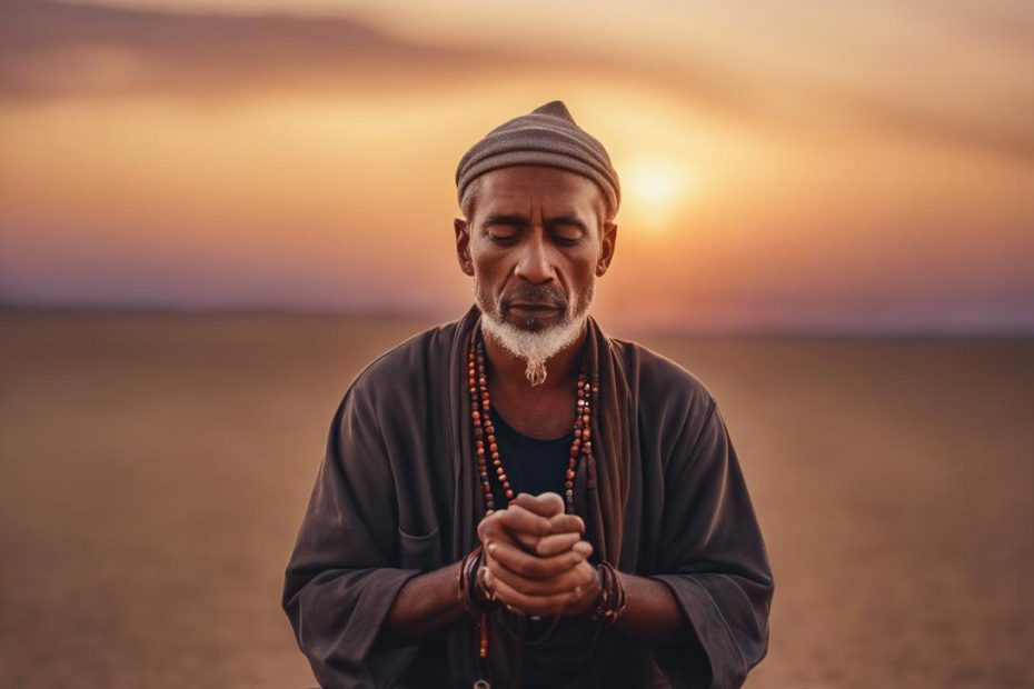 Un voyageur, serein et contemplatif, tient des perles de prière, immergé dans son voyage spirituel sur fond d'horizon lointain au coucher du soleil.