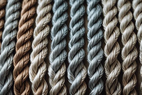 Photographie macro d'un ensemble élégant de tresses viking ornées de fermoirs argentés rustiques sur un fond de lin aux tons pastels.