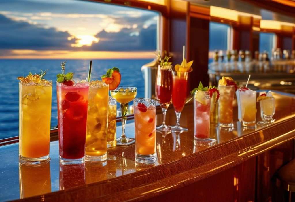 Photographie en plongée montrant diverses boissons premium disposées avec élégance sur un comptoir de bar d'un lounge Costa croisières, avec l'océan scintillant à travers la fenêtre, éclairage encastré, finition mate de haute qualité.