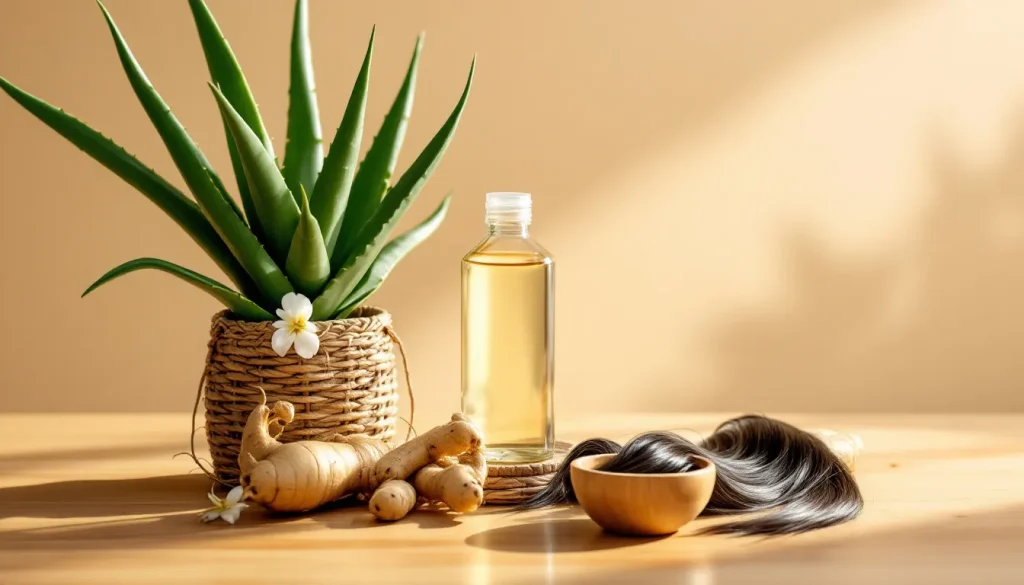 Des ingrédients naturels variés tels que des plantes, des huiles et des poudres pour le soin des cheveux.