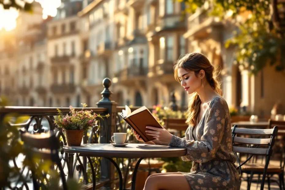 Une personne lit un livre sur une terrasse en Roumanie, baignée de lumière dorée.