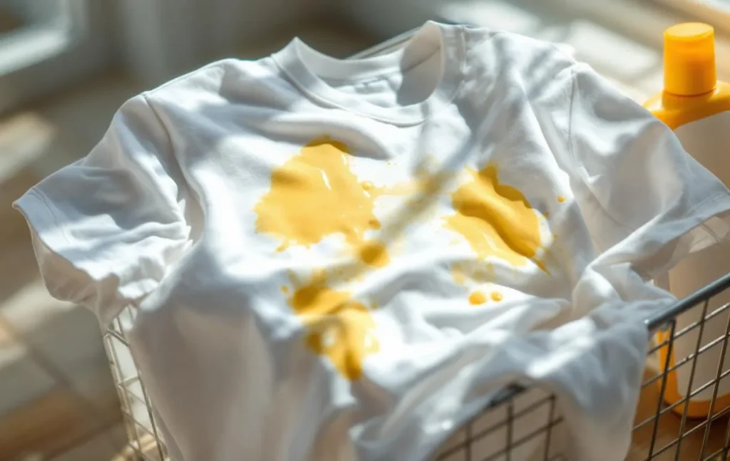 T-shirt blanc avec des taches visibles de crème solaire.