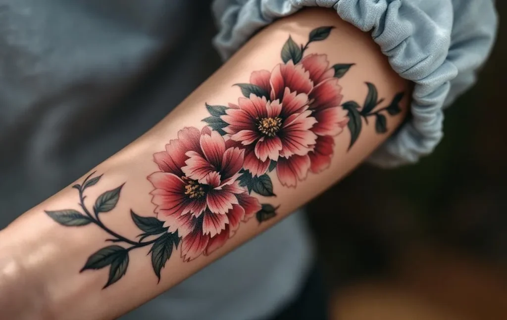 Tatouage réaliste de pivoine japonaise rouge et rose sur un avant-bras à la peau pâle, en gros plan sous un éclairage doux.