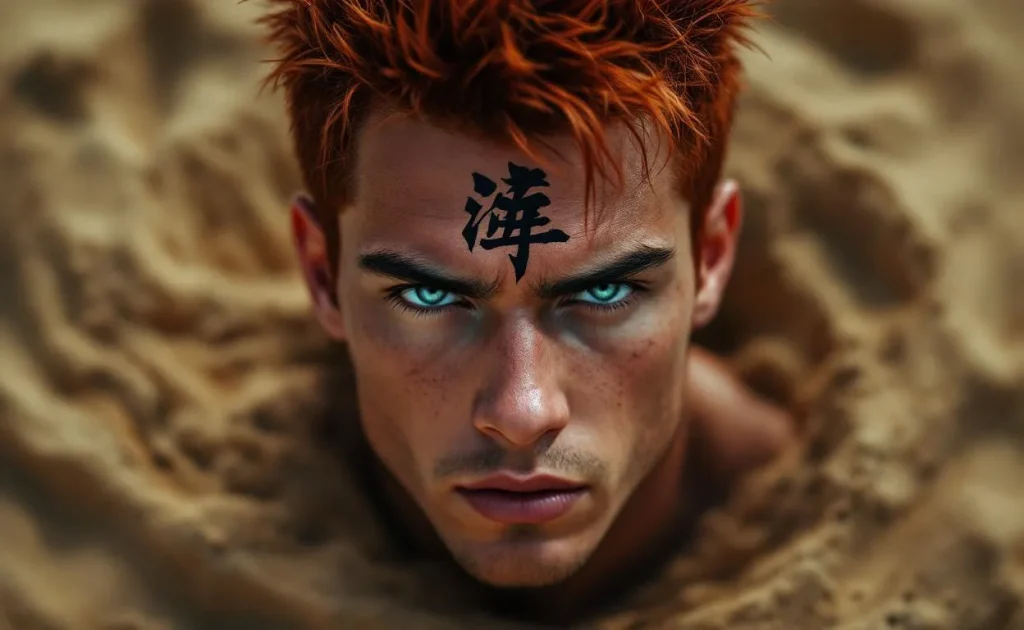 Portrait d’un jeune homme aux cheveux rouges hérissés, regard intense, tatouage kanji sur le front, éclairé par une lumière dramatique avec un fond de textures sablonneuses.