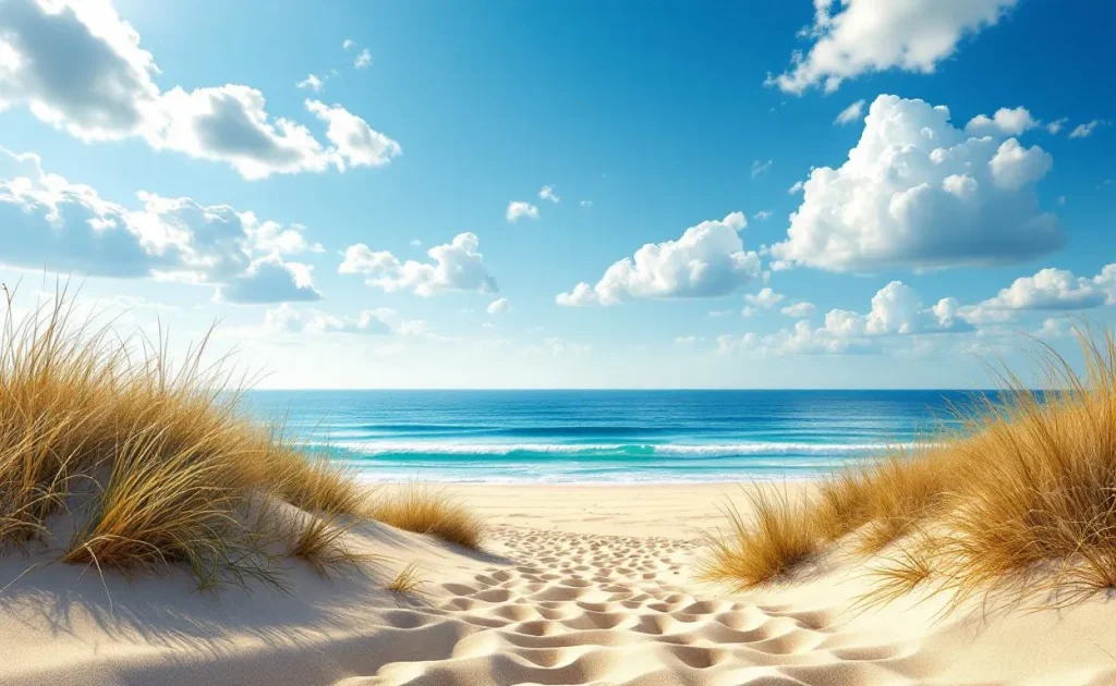 Plage bretonne au sable doré bordée de dunes herbeuses et d’une mer paisible sous un ciel d’été dégagé.