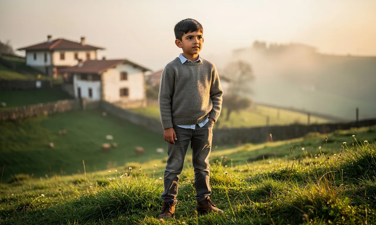 Un jeune garçon basque debout sur une colline verdoyante et brumeuse, devant des toits de maisons traditionnelles au lever du soleil.