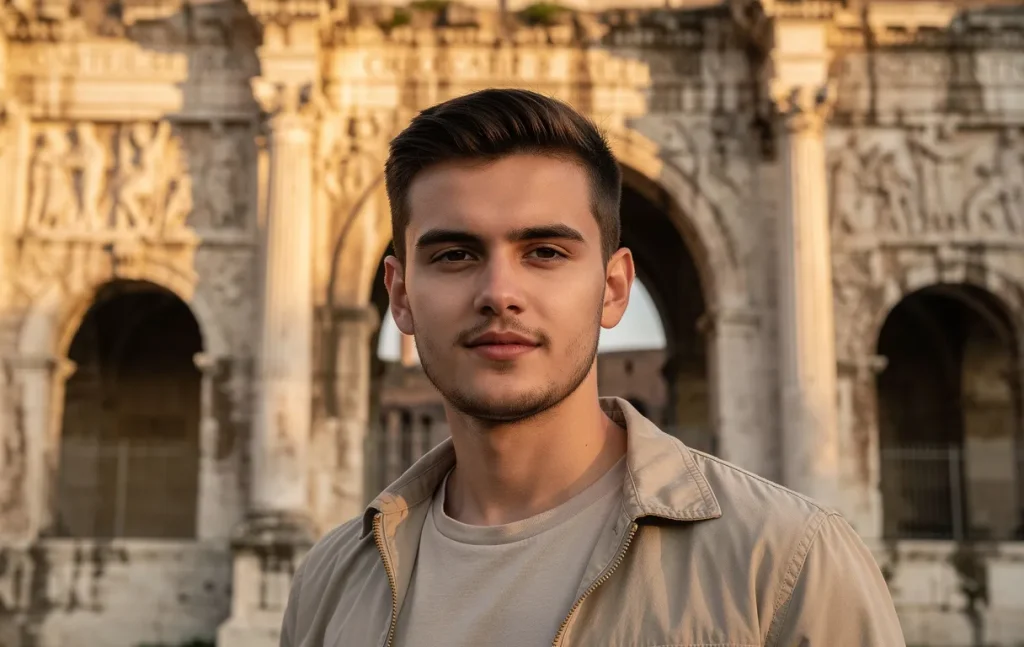 Un jeune homme pensif pose devant une architecture romaine sous une lumière dorée et tamisée.