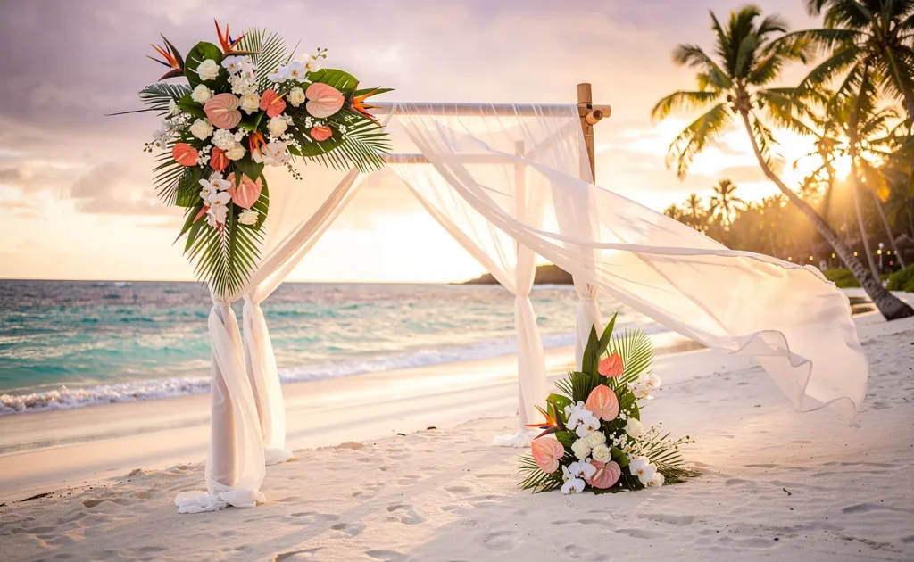 Un arche de mariage décoré de tissu blanc et de fleurs exotiques se dresse sur une plage de l’île Maurice, avec la mer turquoise, des palmiers et une lumière dorée au coucher du soleil en arrière-plan.