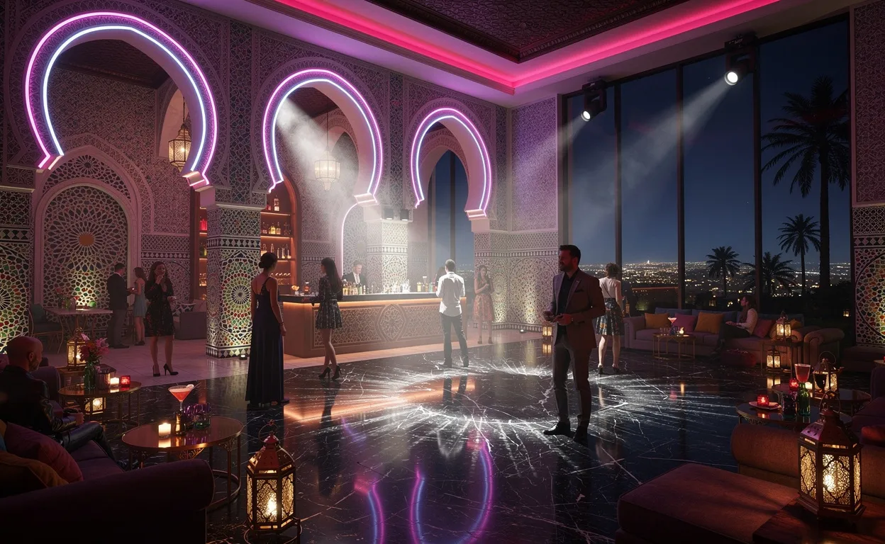 Une boîte de nuit à Marrakech en 2026 avec des arches éclairées au néon, des motifs en mosaïque sur les murs, une piste de danse illuminée et une vue sur la ville nocturne à travers les fenêtres.