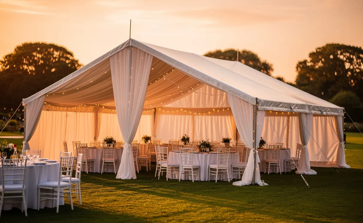 Tente de mariage blanche élégante installée sur une pelouse verdoyante au crépuscule, avec des guirlandes lumineuses et des tables décorées visibles à travers les côtés ouverts.