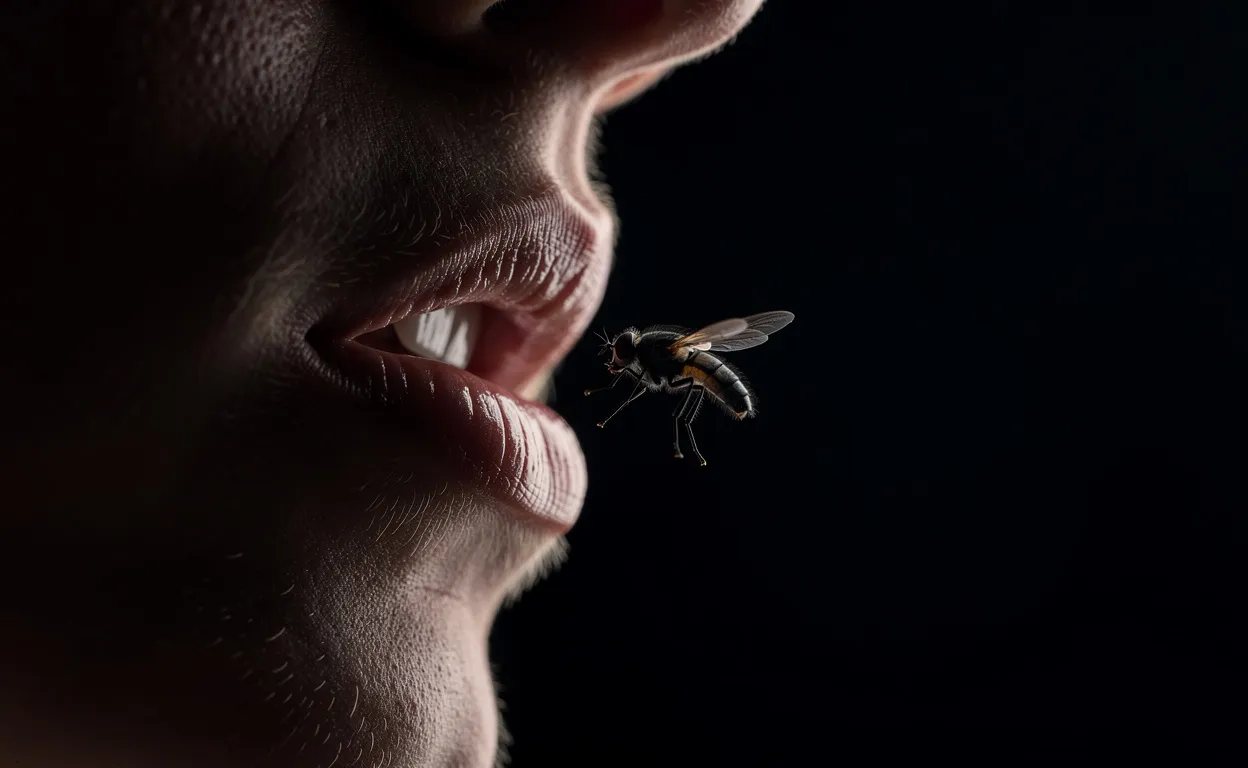 Une bouche entrouverte en gros plan, avec une mouche en vol près des lèvres sur fond sombre.