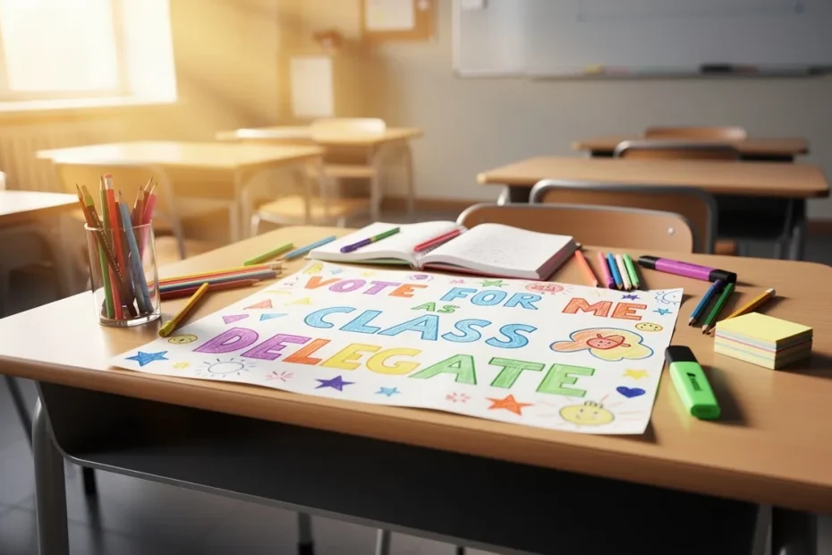 Un bureau d’écolier avec une affiche de campagne colorée Vote for Me as Class Delegate, du matériel scolaire éclairé par la lumière du soleil.