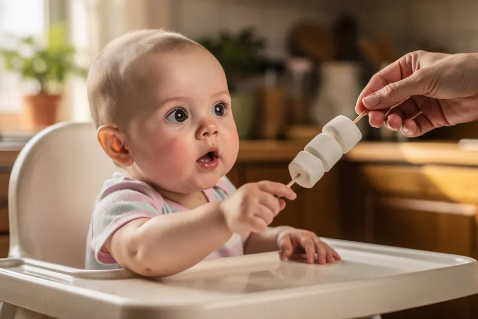 Un bébé assis dans une chaise haute tend la main vers une guimauve tenue par un adulte dans une cuisine baignée de lumière douce.