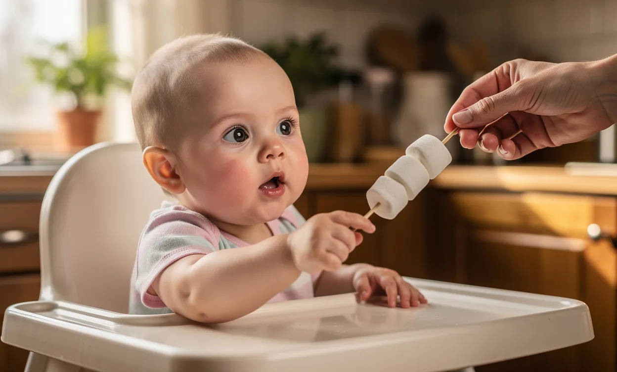 Un bébé assis dans une chaise haute tend la main vers une guimauve tenue par un adulte dans une cuisine baignée de lumière douce.