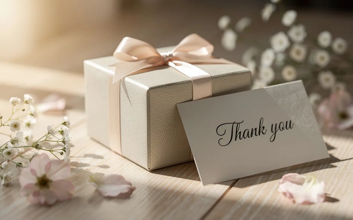 Une boîte cadeau soignée avec une carte de remerciement manuscrite repose sur une table en bois clair entourée de fleurs et baignée d’une lumière douce.