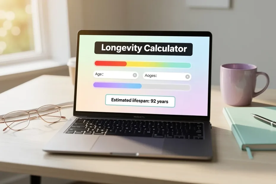 Un ordinateur portable moderne affiche une interface de calculateur de longévité sur un bureau épuré, accompagné de lunettes, d’un carnet et baigné de lumière matinale douce.