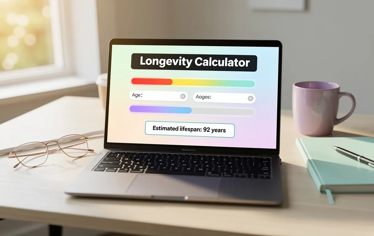 Un ordinateur portable moderne affiche une interface de calculateur de longévité sur un bureau épuré, accompagné de lunettes, d’un carnet et baigné de lumière matinale douce.