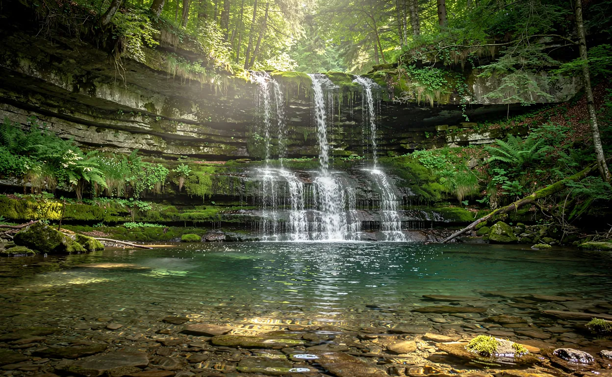 La cascade du Pain de Sucre s’écoule sur des rochers moussus dans une forêt verdoyante d’Ain, formant un bassin paisible sous une lumière naturelle tamisée.