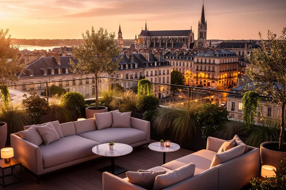 Un lounge chic sur un toit surplombe Bordeaux au coucher du soleil, avec des sièges élégants, des plantes et les lumières de la ville en contrebas.