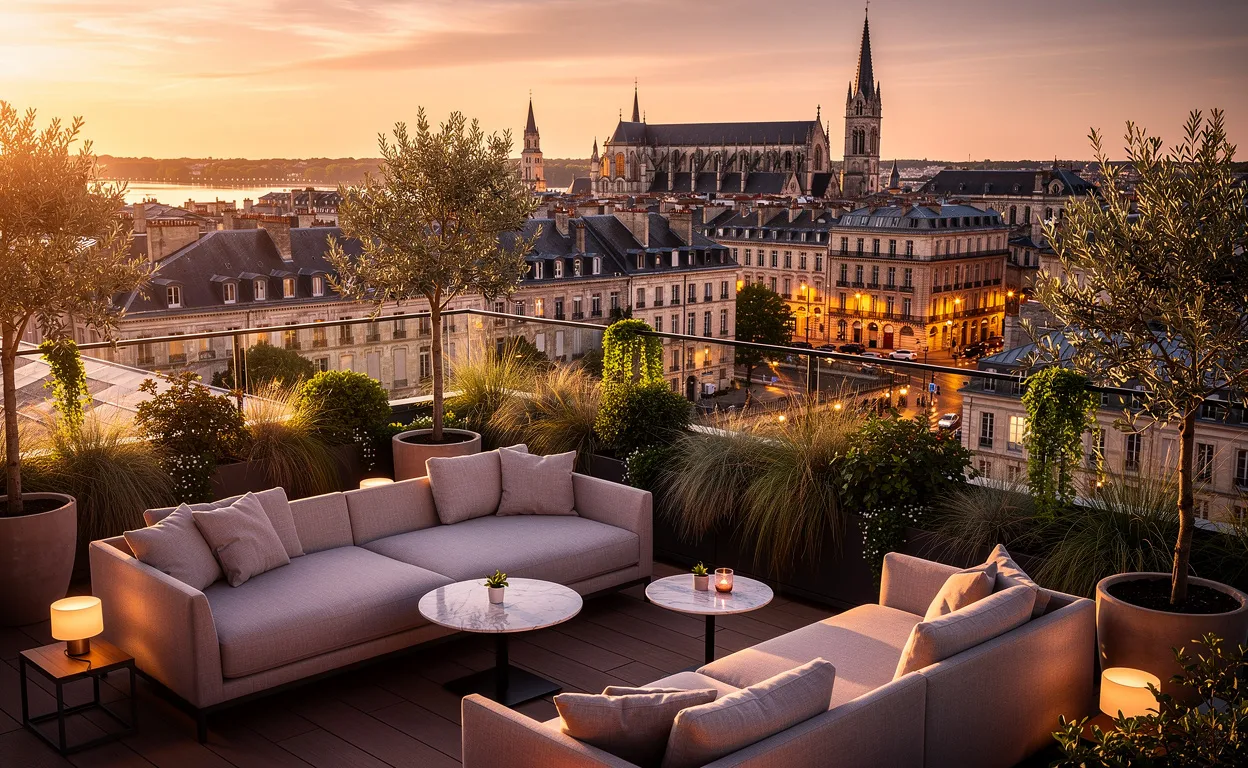 Un lounge chic sur un toit surplombe Bordeaux au coucher du soleil, avec des sièges élégants, des plantes et les lumières de la ville en contrebas.