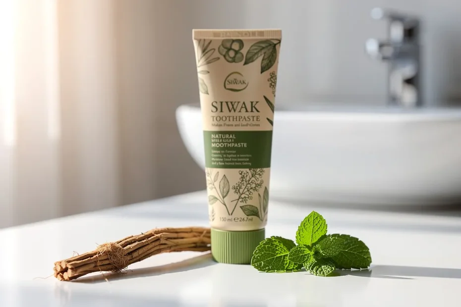 Un tube de dentifrice au siwak est posé à côté d’un bâton de siwak frais et de feuilles de menthe sur un comptoir de salle de bain blanc, éclairé par une lumière naturelle.