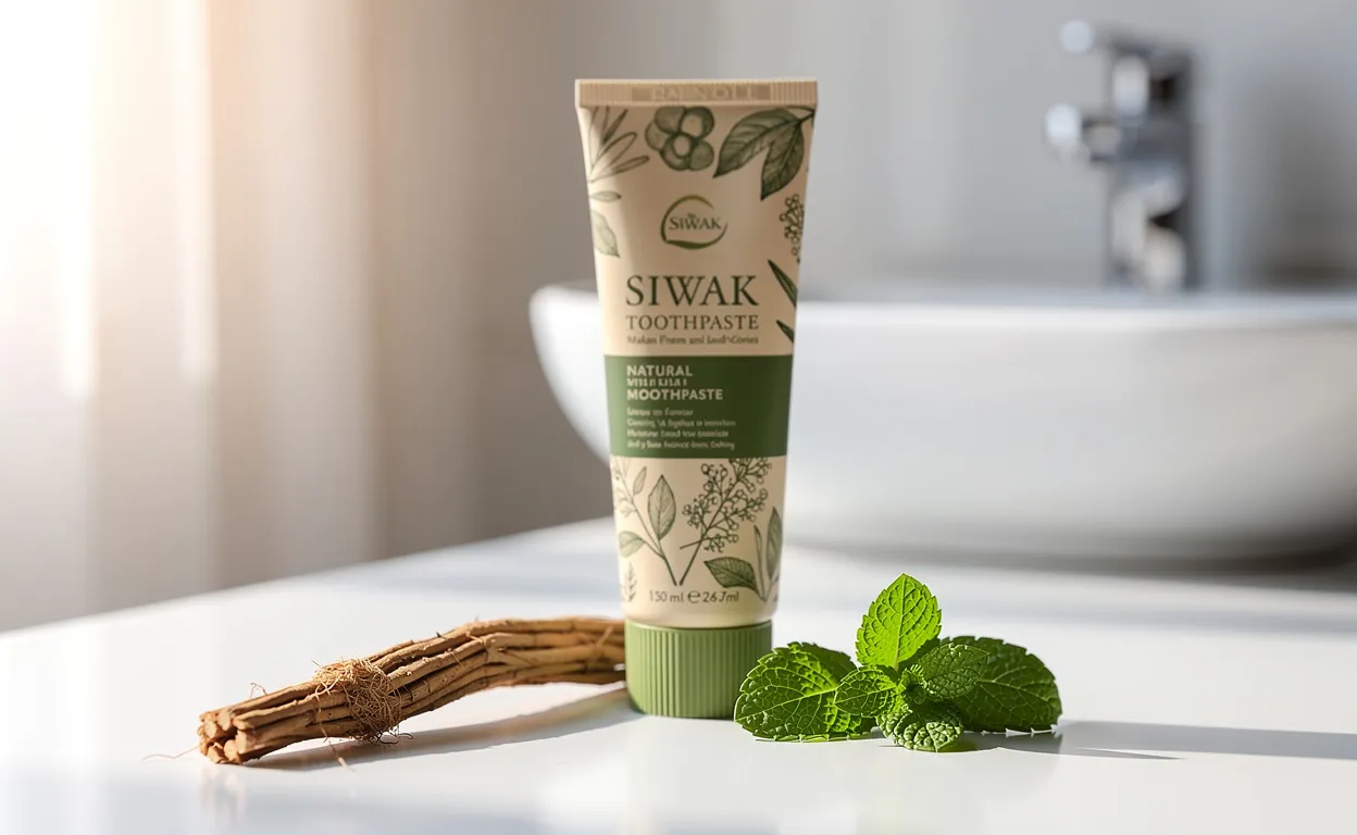 Un tube de dentifrice au siwak est posé à côté d’un bâton de siwak frais et de feuilles de menthe sur un comptoir de salle de bain blanc, éclairé par une lumière naturelle.