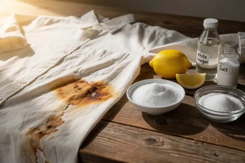 Chemise en coton pâle avec taches de rouille posée sur une table en bois, accompagnée de citron, vinaigre blanc, bicarbonate de soude et sel.