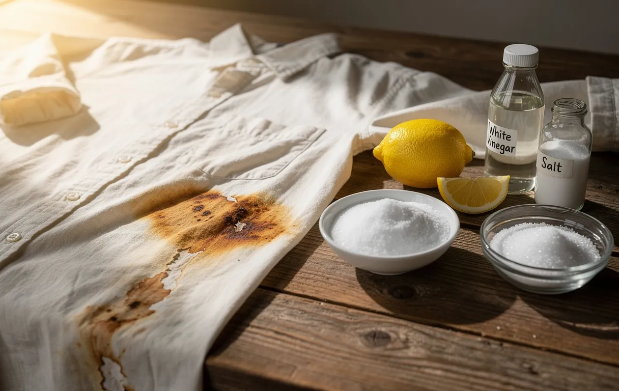 Chemise en coton pâle avec taches de rouille posée sur une table en bois, accompagnée de citron, vinaigre blanc, bicarbonate de soude et sel.