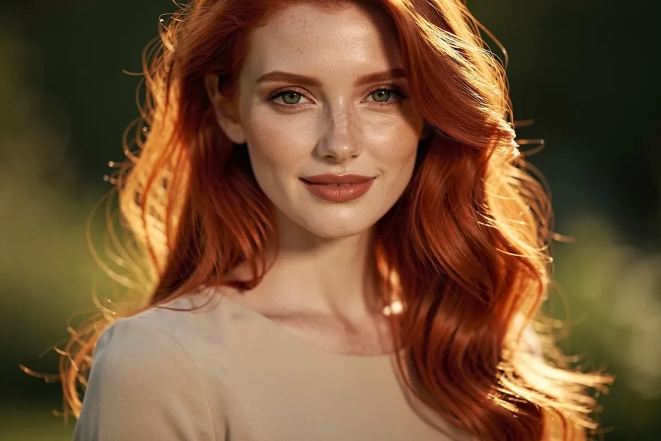 Portrait photoréaliste d’une femme rousse au regard assuré, debout dans une lumière naturelle, ses cheveux cuivrés tombant sur les épaules.