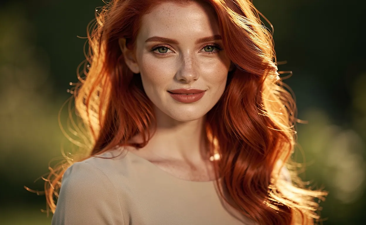 Portrait photoréaliste d’une femme rousse au regard assuré, debout dans une lumière naturelle, ses cheveux cuivrés tombant sur les épaules.