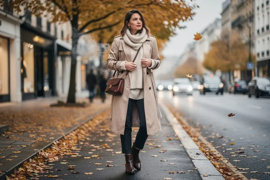 Une femme élégante porte un trench léger par-dessus un pull et une écharpe, debout dans une rue citadine jonchée de feuilles dorées en automne, sa respiration visible dans l’air frais.