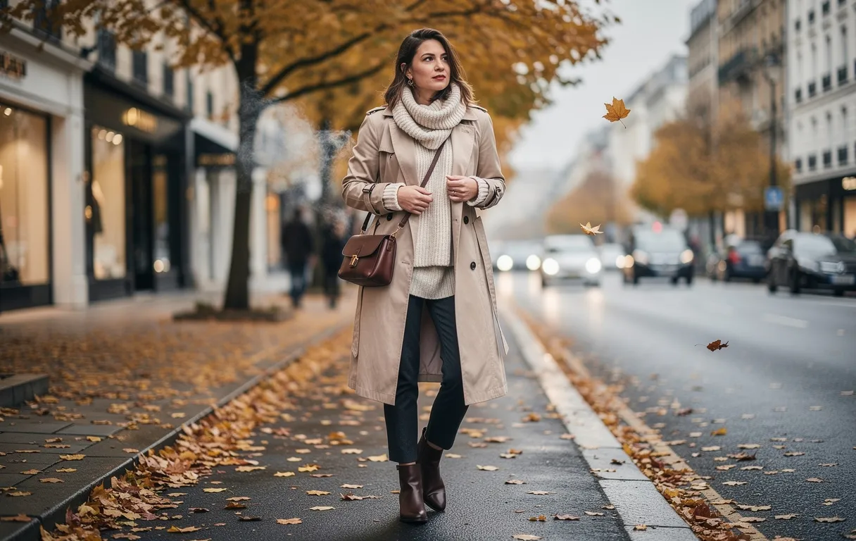 Une femme élégante porte un trench léger par-dessus un pull et une écharpe, debout dans une rue citadine jonchée de feuilles dorées en automne, sa respiration visible dans l’air frais.