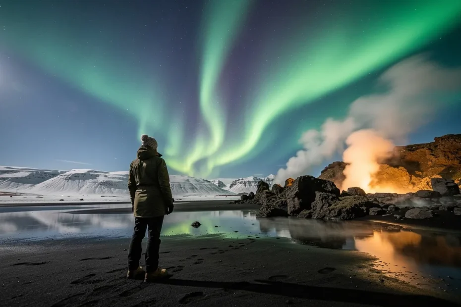 Une personne observe une aurore boréale au-dessus d’un paysage islandais avec plage de sable noir et sources chaudes fumantes.