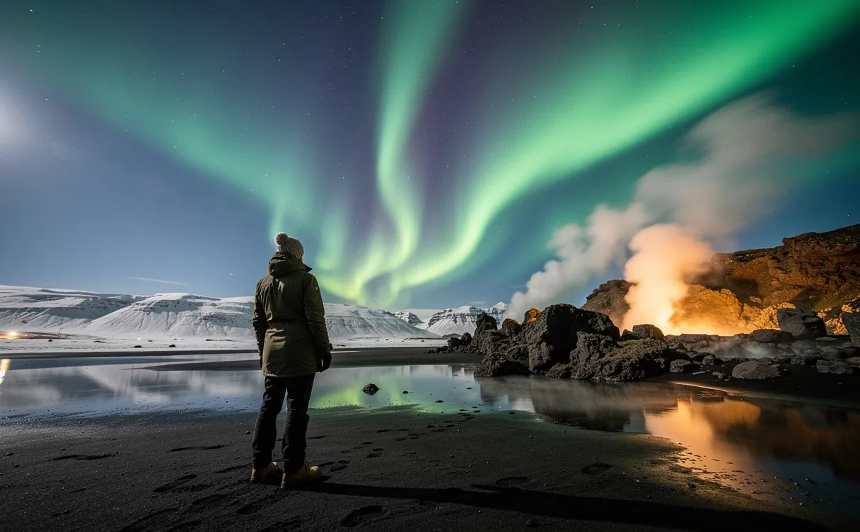 Une personne observe une aurore boréale au-dessus d’un paysage islandais avec plage de sable noir et sources chaudes fumantes.