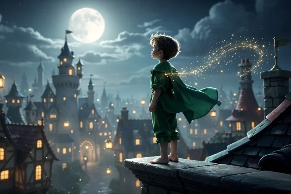 Un jeune garçon vêtu de vert se tient sur le rebord d’un toit baigné de clair de lune, dominant une ville féerique avec une traînée scintillante de poussière magique derrière lui.
