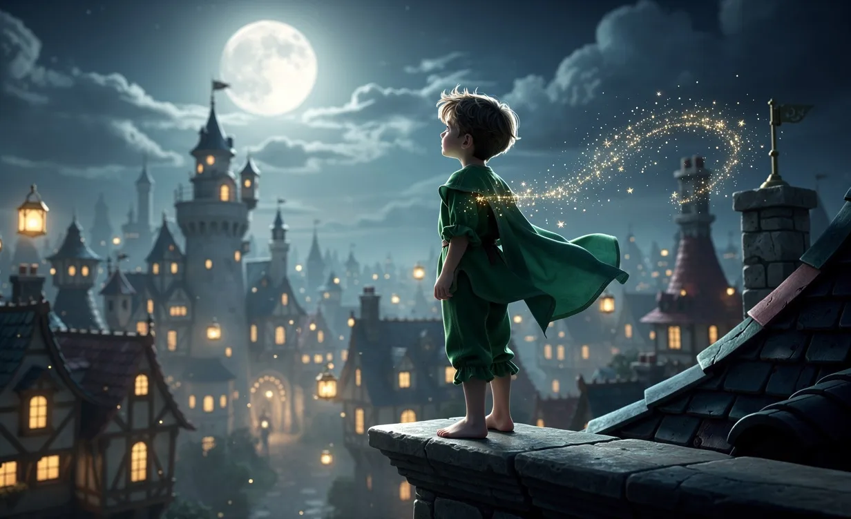 Un jeune garçon vêtu de vert se tient sur le rebord d’un toit baigné de clair de lune, dominant une ville féerique avec une traînée scintillante de poussière magique derrière lui.