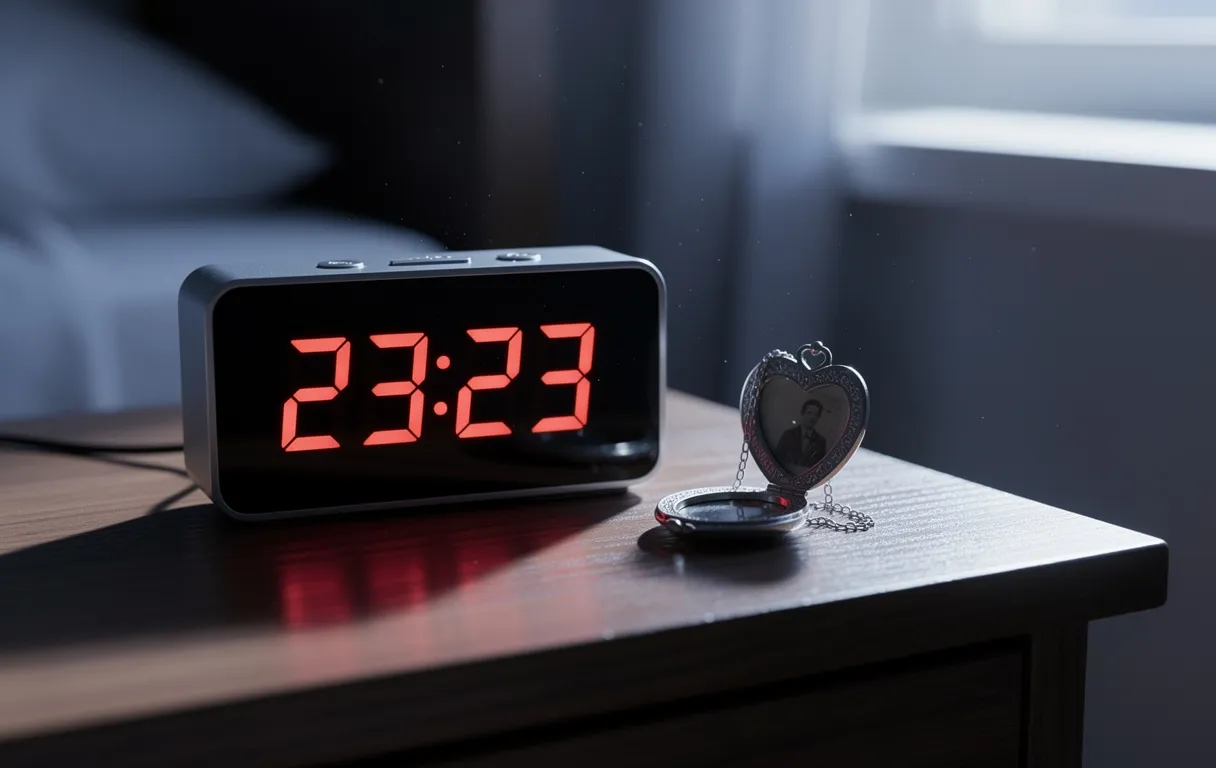 Un réveil numérique lumineux affiche 23:23 sur une table de chevet à côté d’un médaillon en forme de cœur, sous une lumière lunaire tamisée.