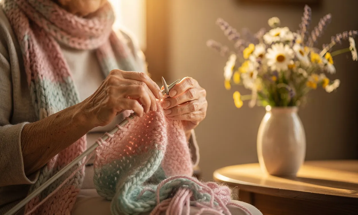 Mains d'une femme âgée tricotant une écharpe pastel à côté d'un vase de fleurs des champs sous une lumière dorée.