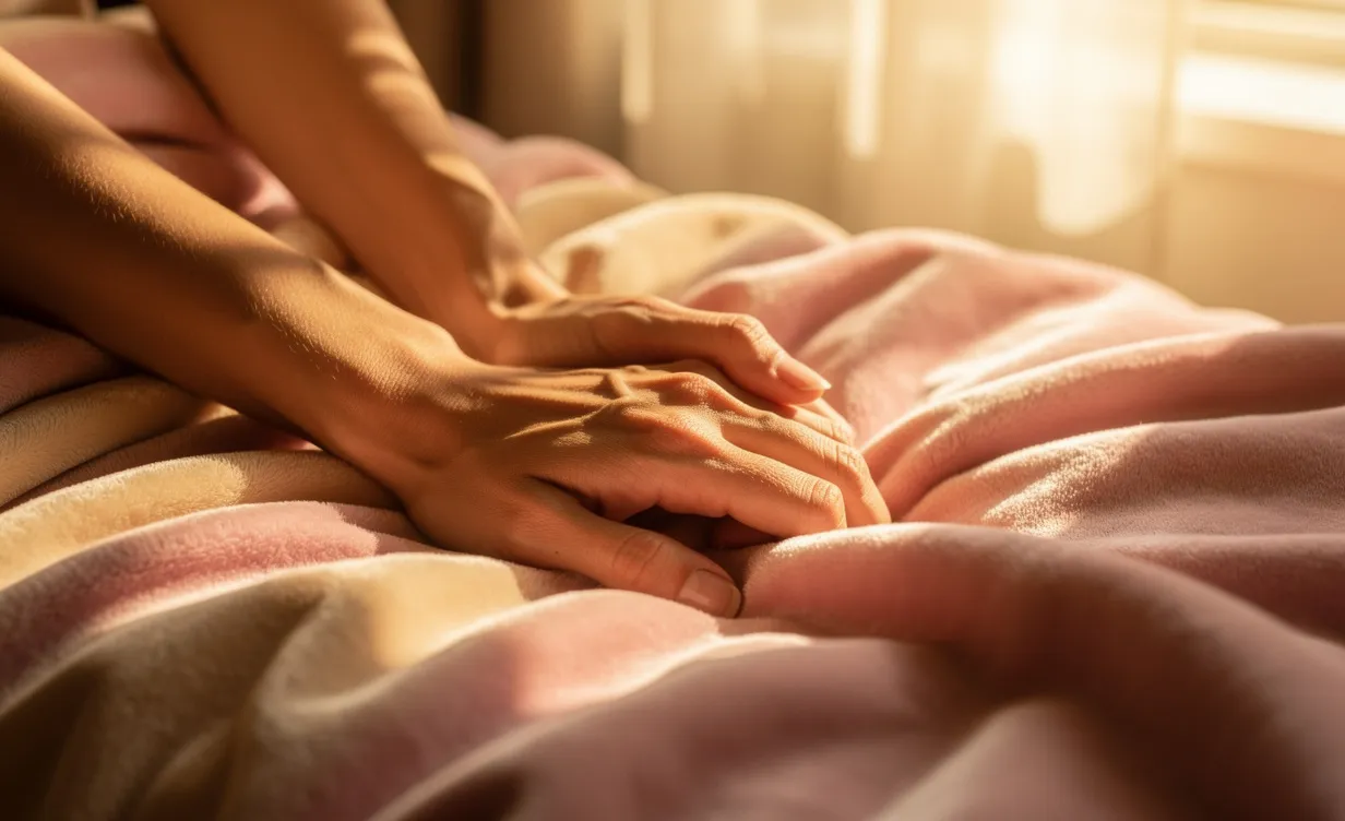 Des mains entrelacées reposent doucement sur une couverture pastel, baignées par la lumière dorée du soleil à travers une fenêtre.