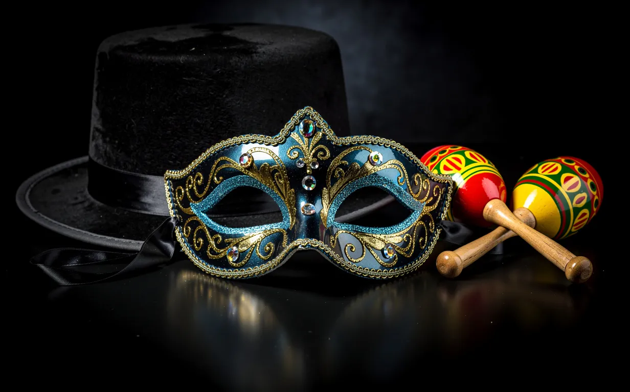Un masque de bal chatoyant bleu et or repose sur une surface noire, accompagné d’un chapeau de magicien et de maracas.