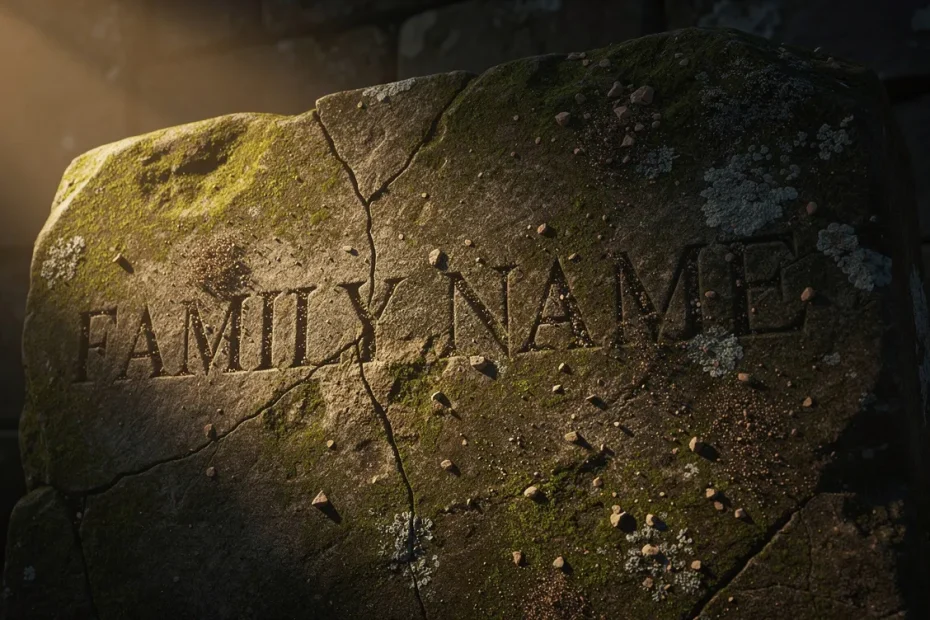 Nom de famille ancien gravé sur une pierre rugueuse éclairée par une lumière dorée dans une atmosphère mystérieuse.