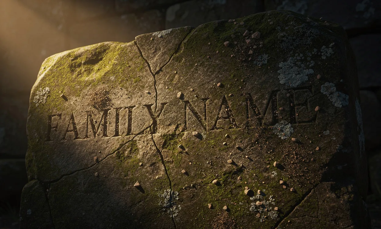 Nom de famille ancien gravé sur une pierre rugueuse éclairée par une lumière dorée dans une atmosphère mystérieuse.