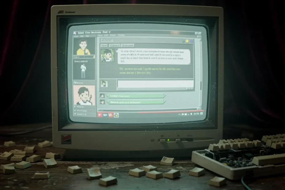Un écran d’ordinateur vintage lumineux affiche une interface de tchat rétro dans une pièce sombre avec des touches de clavier dispersées et des ombres veloutées.