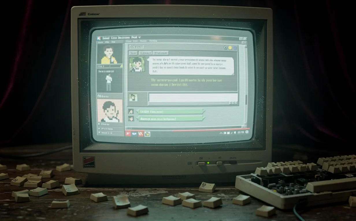 Un écran d’ordinateur vintage lumineux affiche une interface de tchat rétro dans une pièce sombre avec des touches de clavier dispersées et des ombres veloutées.
