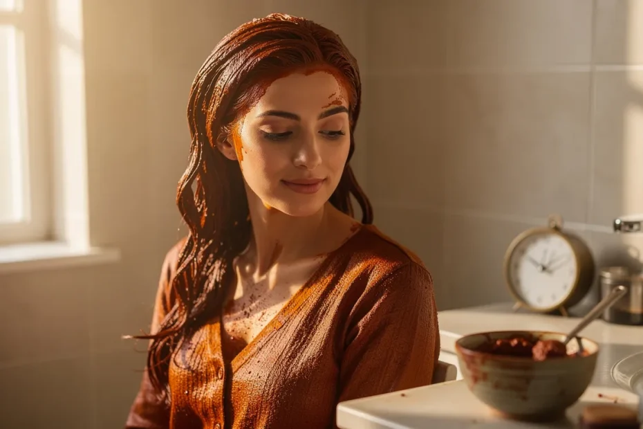Femme assise dans une salle de bain ensoleillée avec des cheveux teints au henné cuivré, un bol de henné et une horloge posés à côté d’elle.