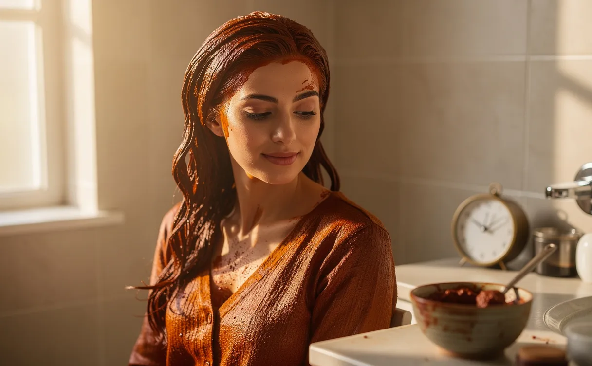 Femme assise dans une salle de bain ensoleillée avec des cheveux teints au henné cuivré, un bol de henné et une horloge posés à côté d’elle.