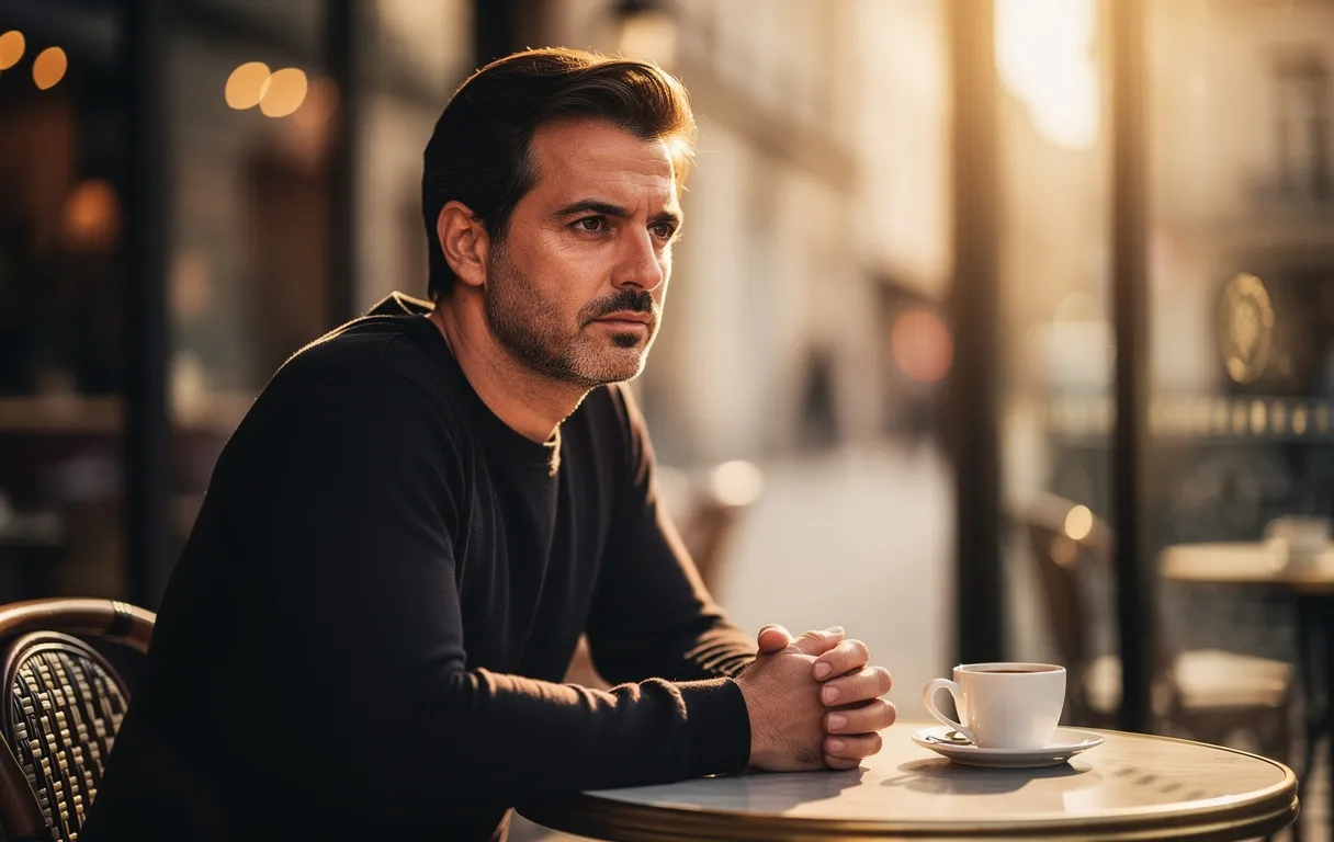 Un homme assis seul à une table de café regarde au loin, le visage éclairé par la lumière dorée du soleil de fin d’après-midi.
