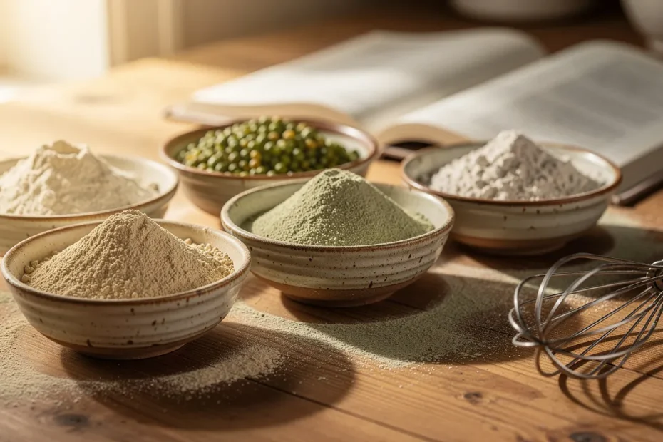 Différents types de poudres protéinées comme pois, soja et riz sont présentés dans des bols en céramique sur un comptoir en bois, avec un fouet et un livre de recettes ouverts à l’arrière-plan.