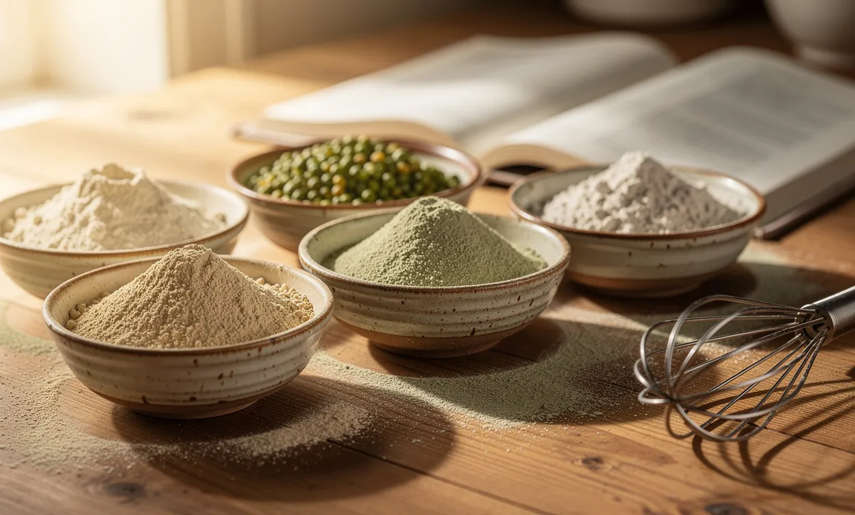 Différents types de poudres protéinées comme pois, soja et riz sont présentés dans des bols en céramique sur un comptoir en bois, avec un fouet et un livre de recettes ouverts à l’arrière-plan.