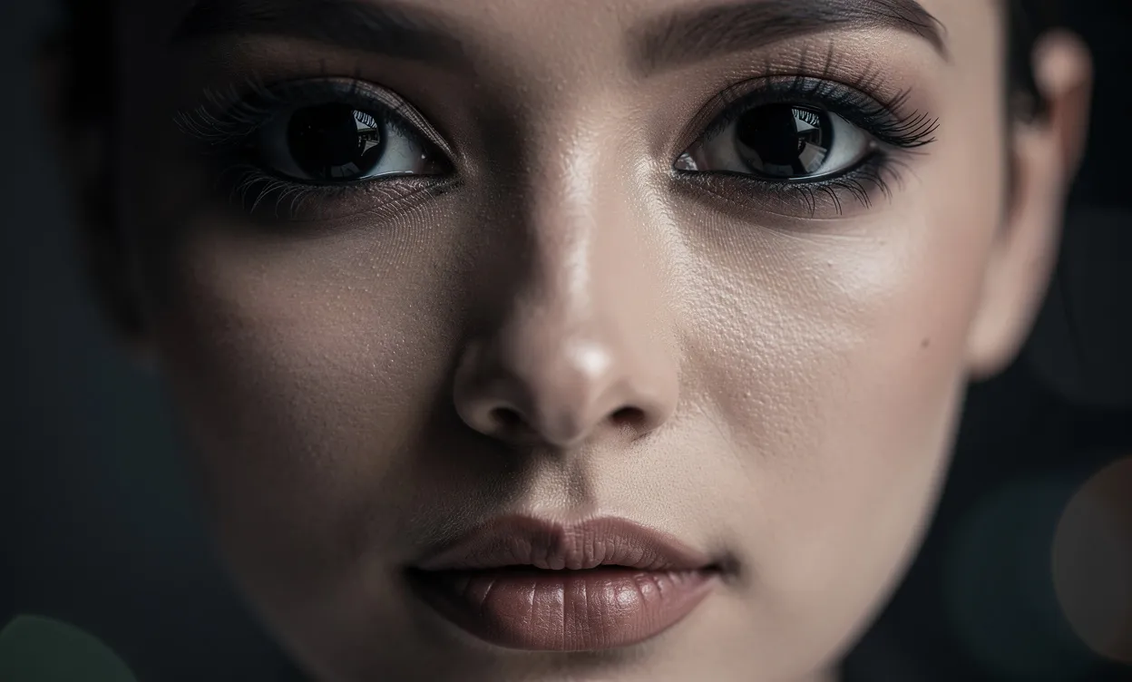 Gros plan sur un visage avec des yeux noirs profonds reflétant des émotions subtiles, sur un fond flou et une lumière élégante.